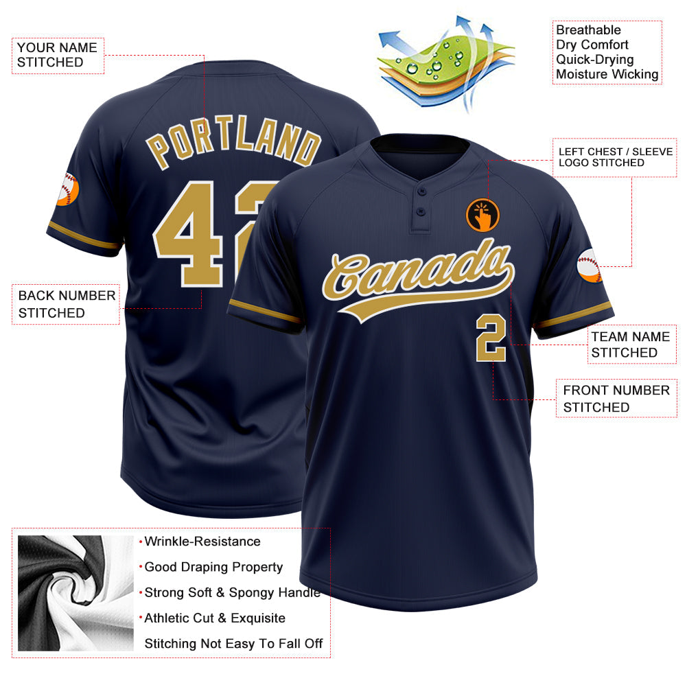 Custom Navy Old Gold-White Two-Button Unisex Softball Jersey Limited