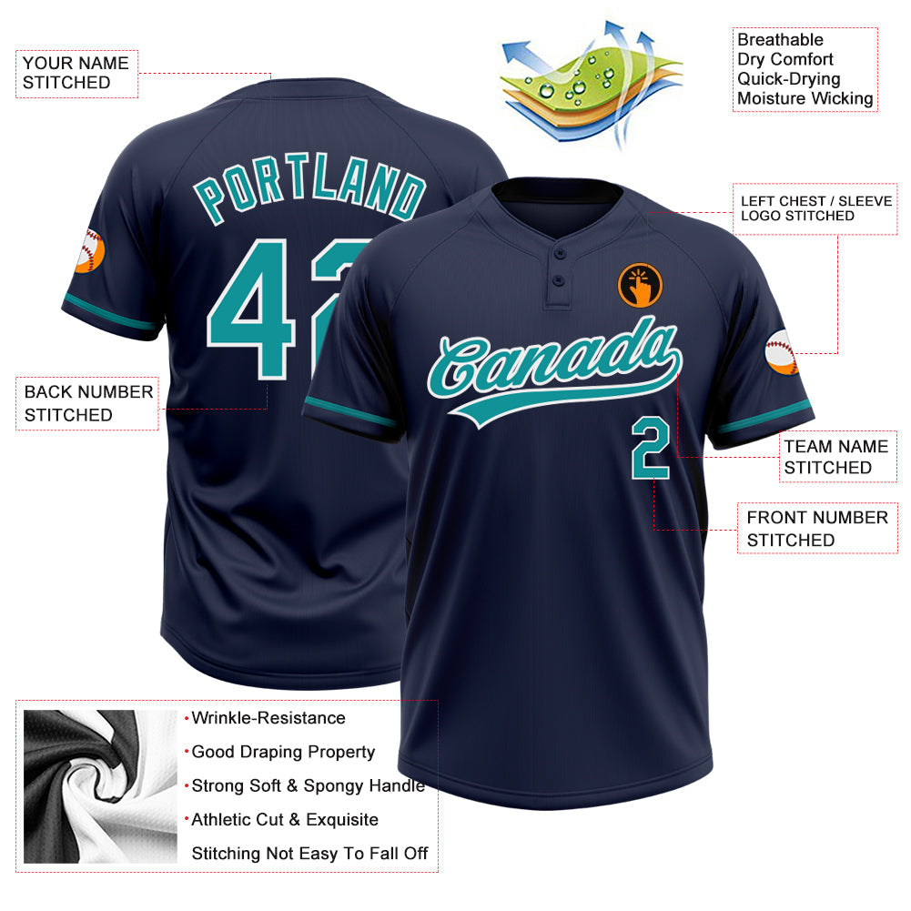 Custom Navy Teal-White Two-Button Unisex Softball Jersey Limited