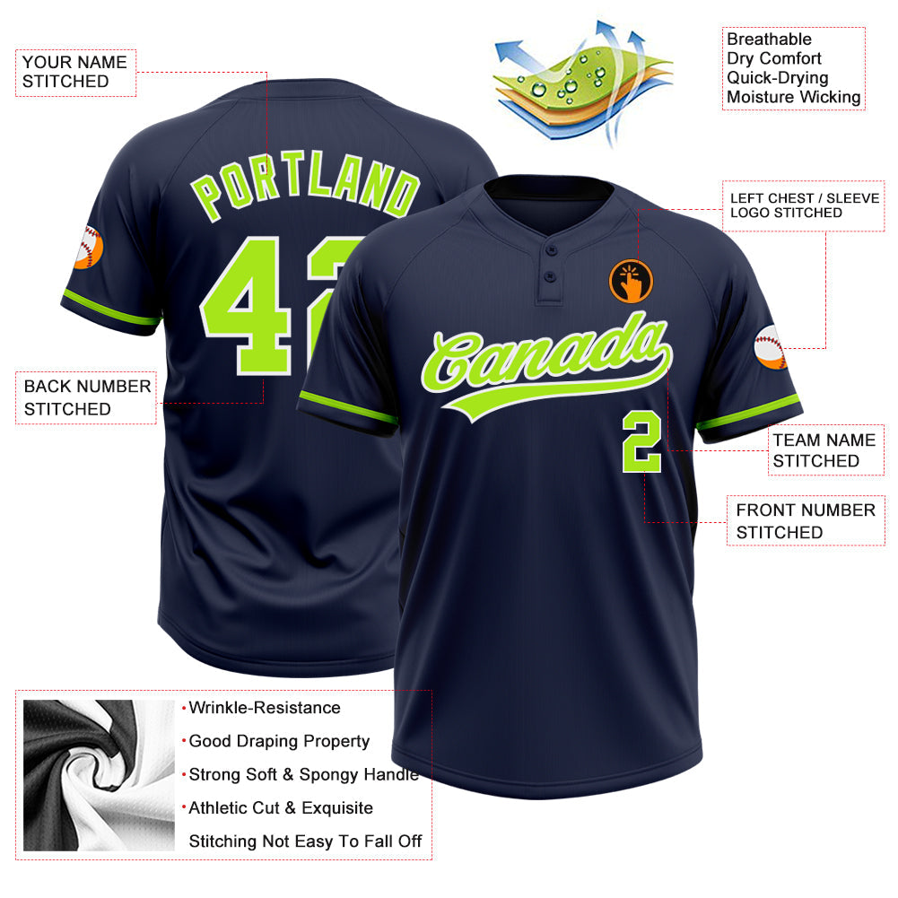 Custom Navy Neon Green-White Two-Button Unisex Softball Jersey Limited