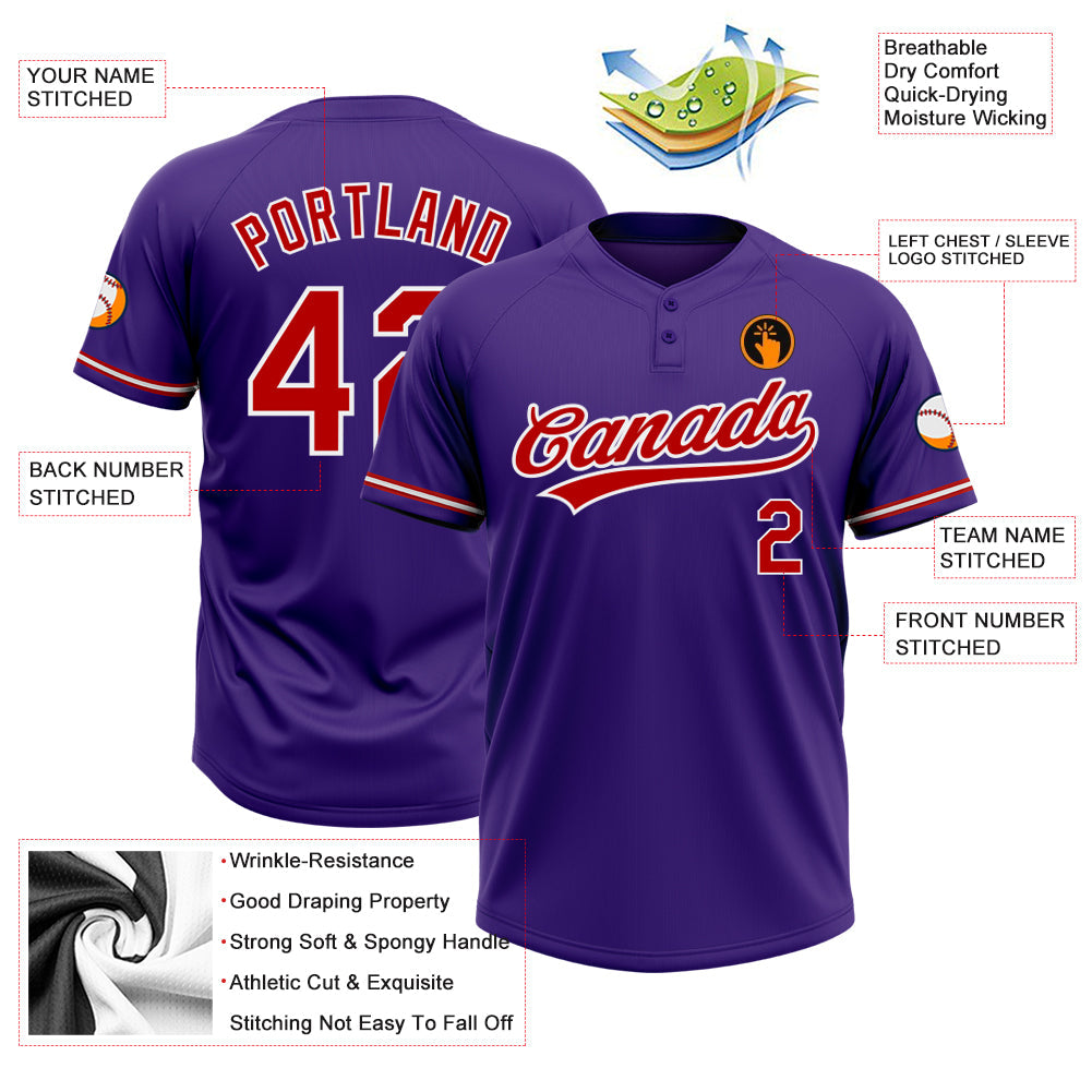 Custom Purple Red-White Two-Button Unisex Softball Jersey Limited