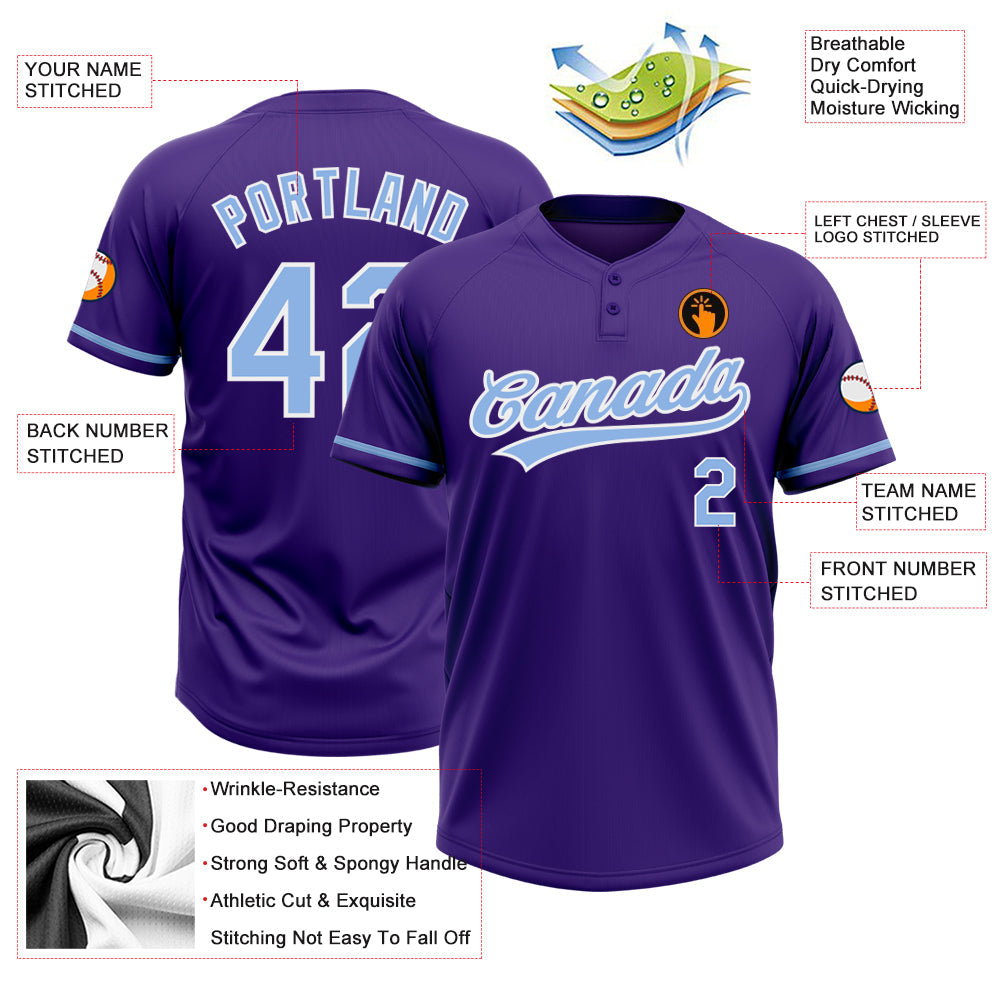 Custom Purple Light Blue-White Two-Button Unisex Softball Jersey Limited