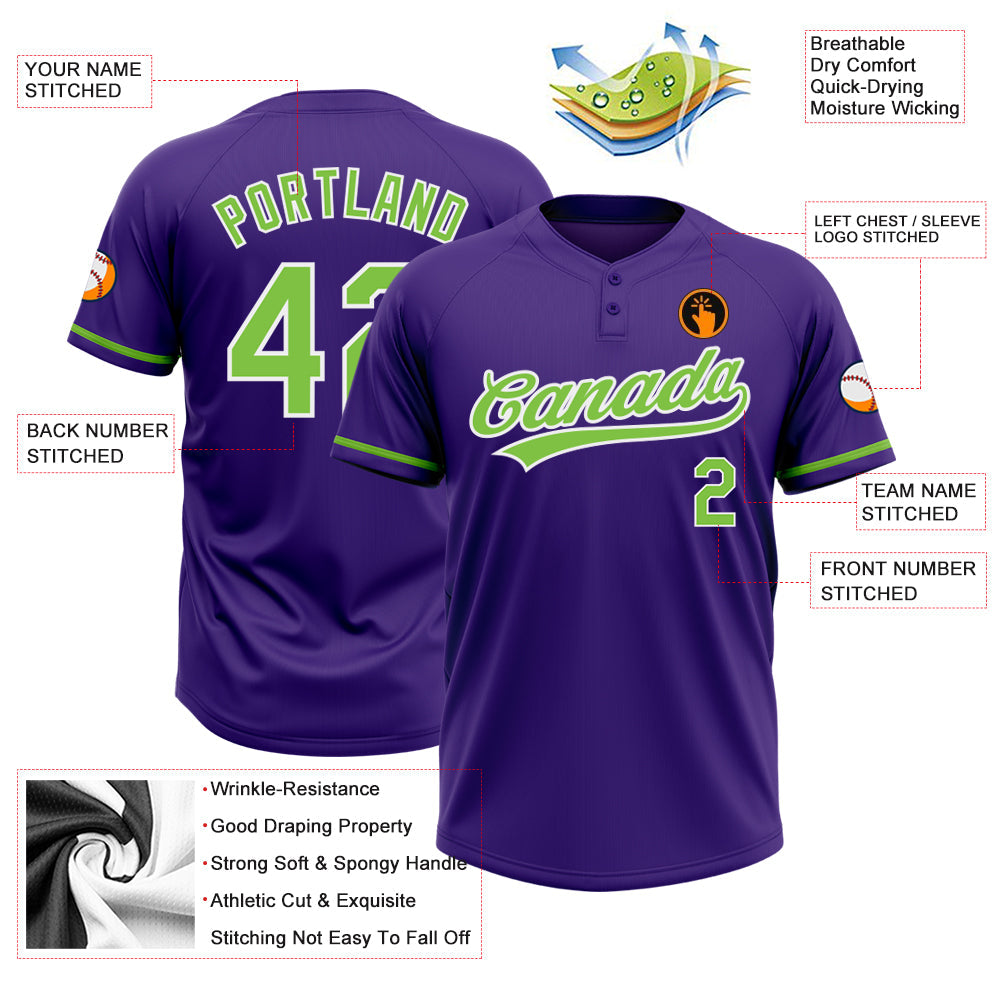 Custom Purple Neon Green-White Two-Button Unisex Softball Jersey Limited