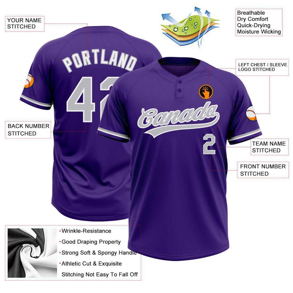 Custom Purple Gray-White Two-Button Unisex Softball Jersey Limited