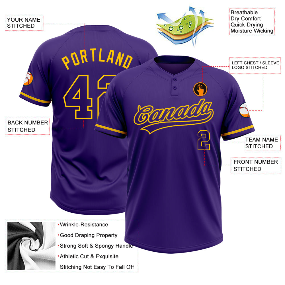 Custom Purple Purple-Yellow Two-Button Unisex Softball Jersey Limited