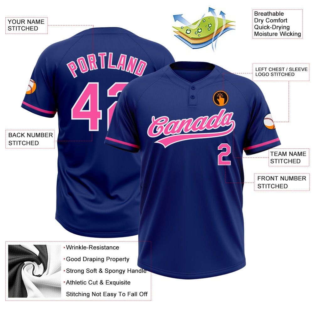 Custom Royal Pink-White Two-Button Unisex Softball Jersey Limited