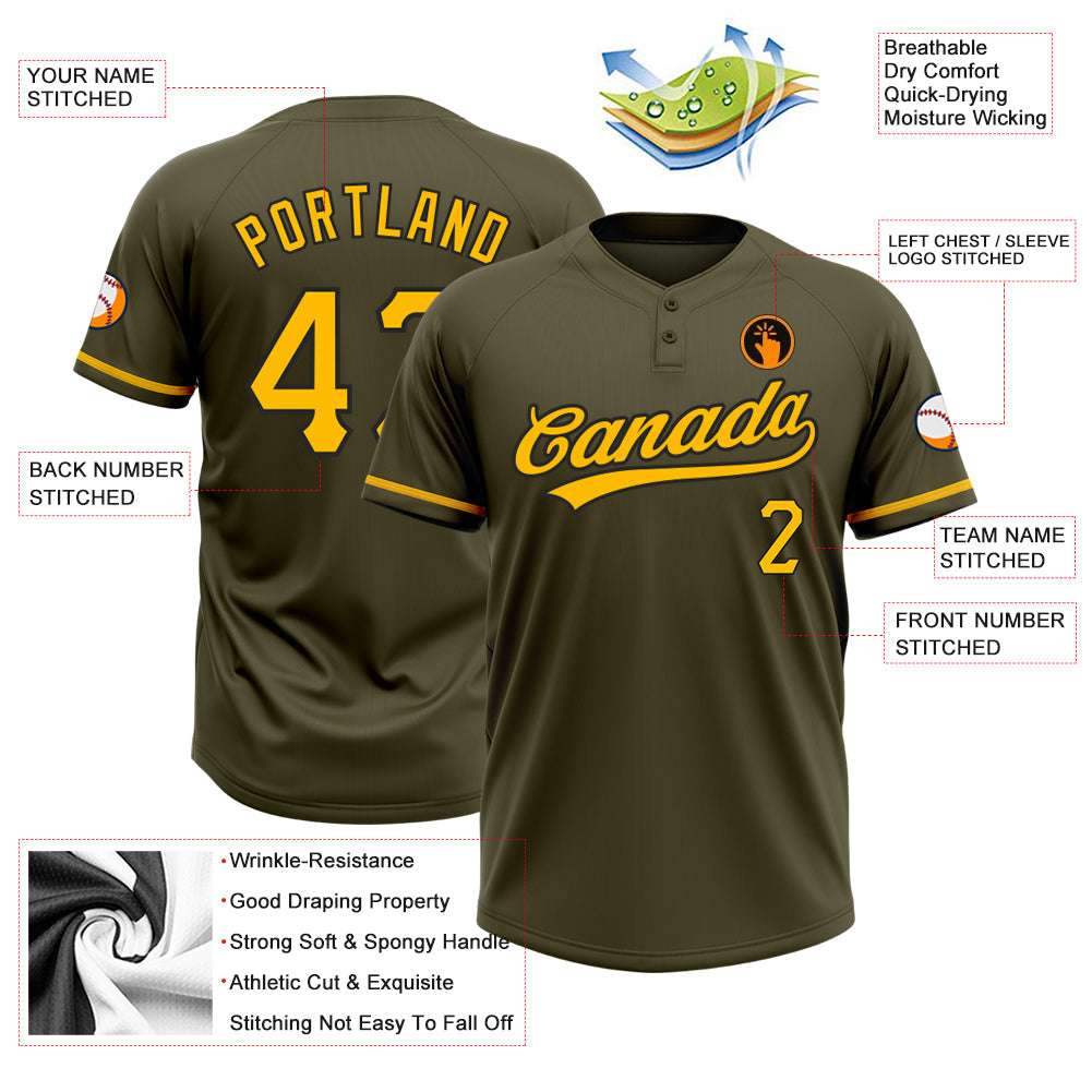 Custom Olive Gold-Black Salute To Service Two-Button Unisex Softball Jersey Limited