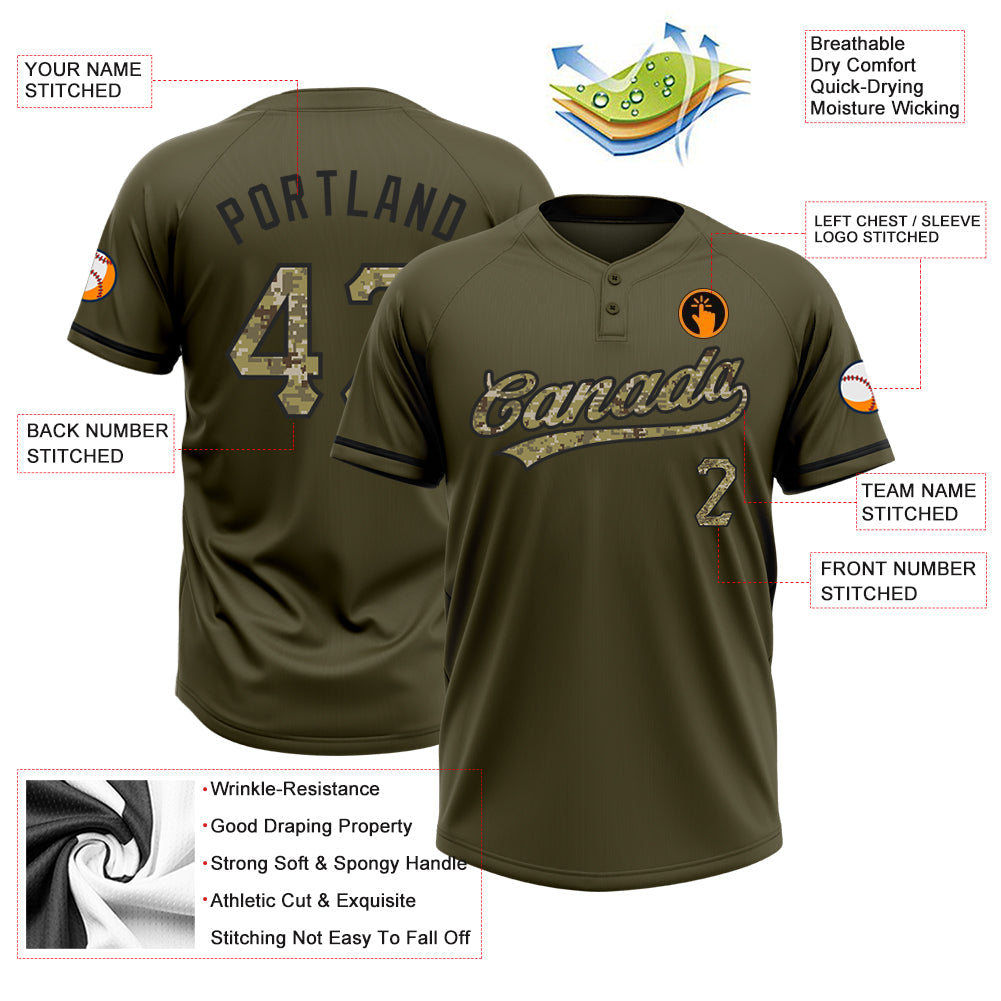 Custom Olive Camo-Black Salute To Service Two-Button Unisex Softball Jersey Limited