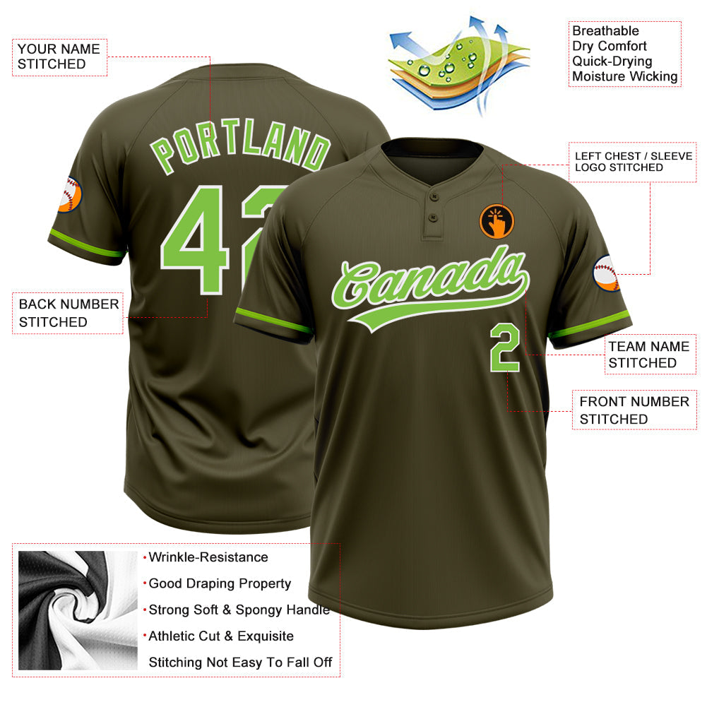 Custom Olive Neon Green-White Salute To Service Two-Button Unisex Softball Jersey Limited