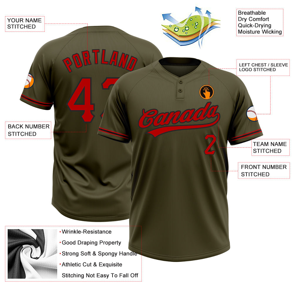 Custom Olive Red-Black Salute To Service Two-Button Unisex Softball Jersey Limited