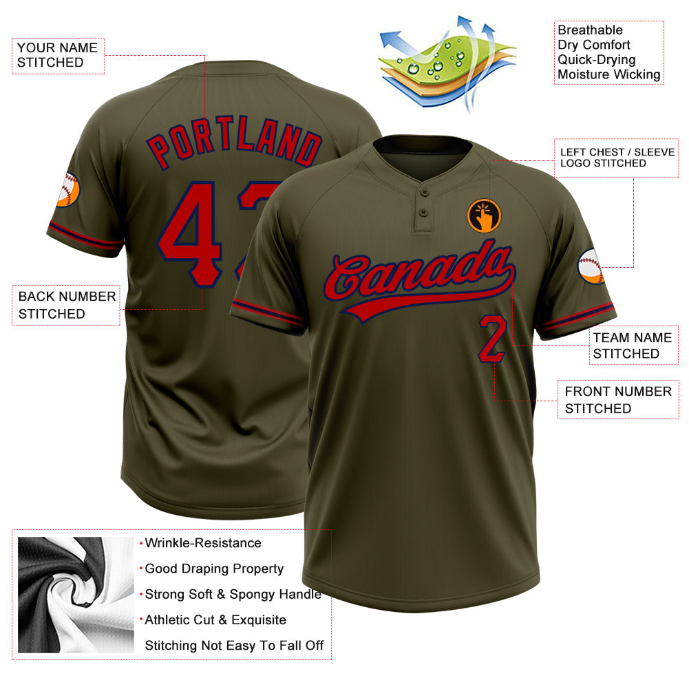 Custom Olive Red-Navy Salute To Service Two-Button Unisex Softball Jersey Limited
