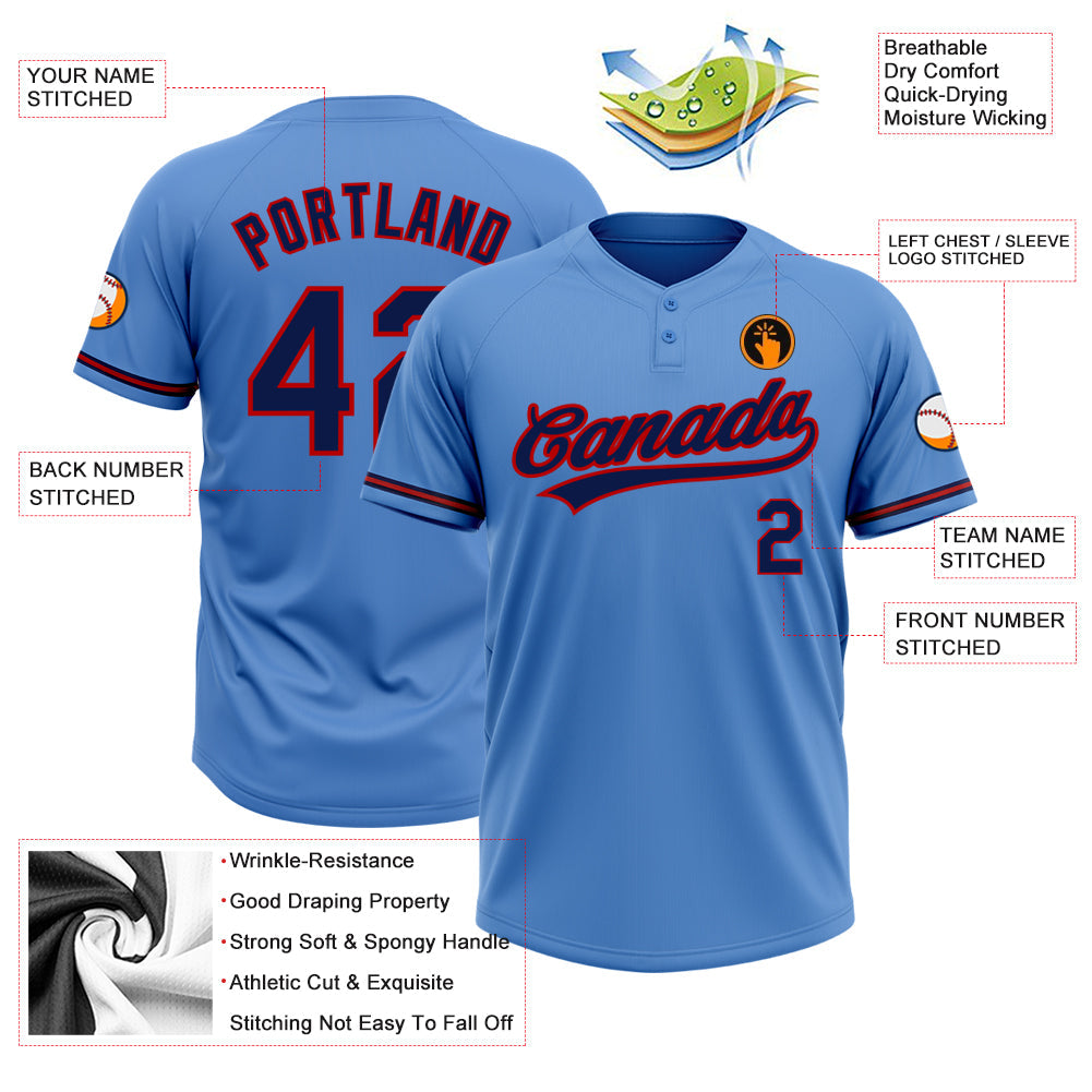 Custom Powder Blue Navy-Red Two-Button Unisex Softball Jersey Limited
