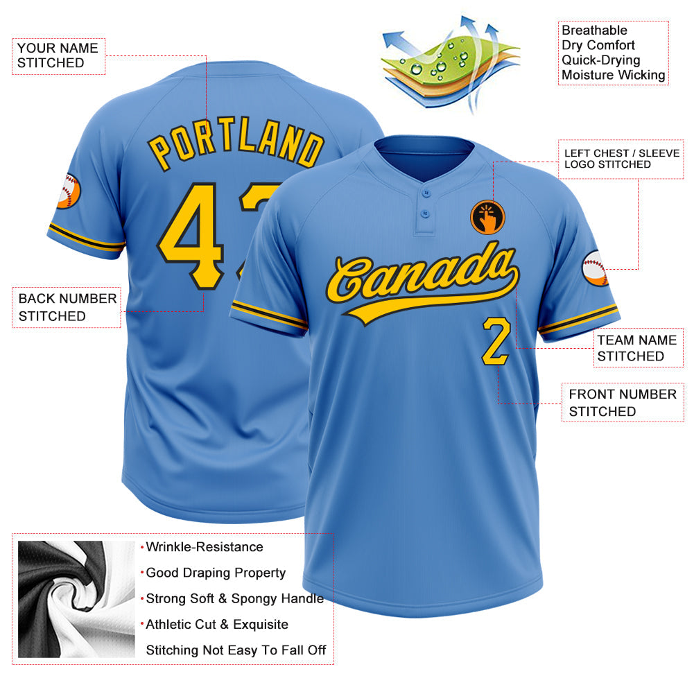 Custom Powder Blue Yellow-Black Two-Button Unisex Softball Jersey Limited