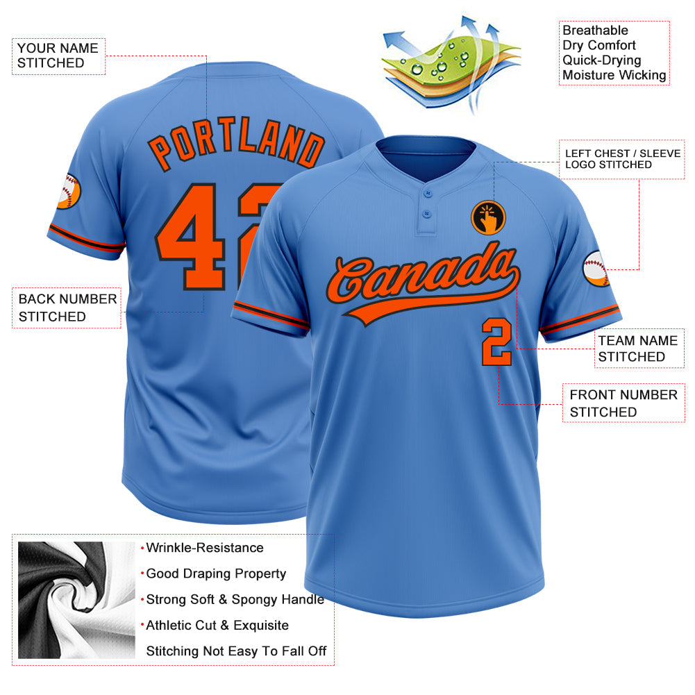 Custom Powder Blue Orange-Black Two-Button Unisex Softball Jersey Limited