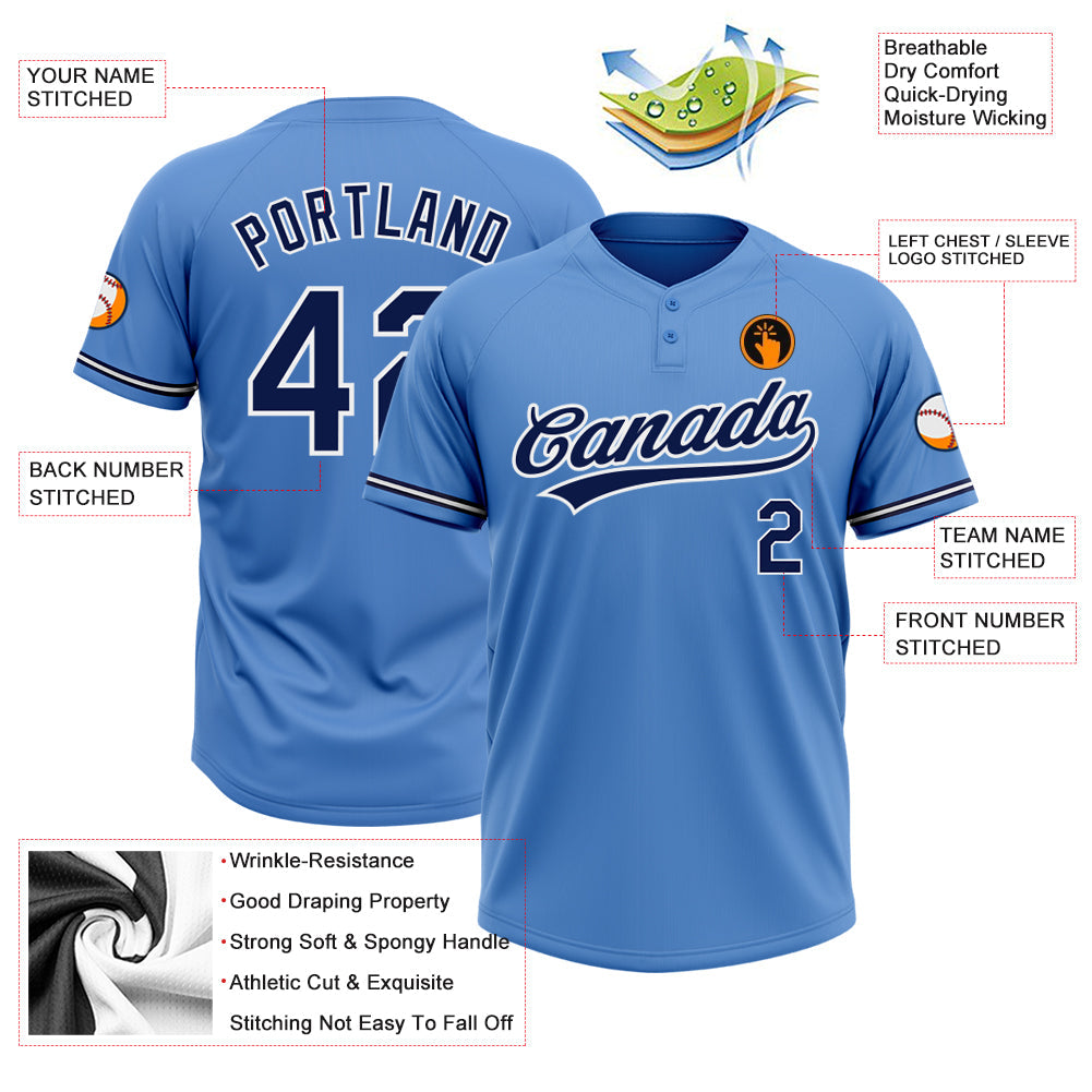 Custom Powder Blue Navy-White Two-Button Unisex Softball Jersey Limited