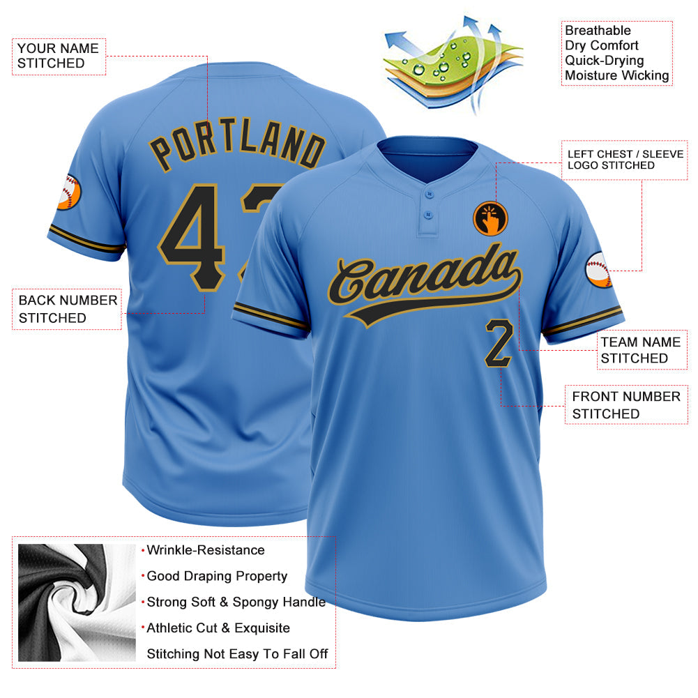 Custom Powder Blue Black-Old Gold Two-Button Unisex Softball Jersey Limited