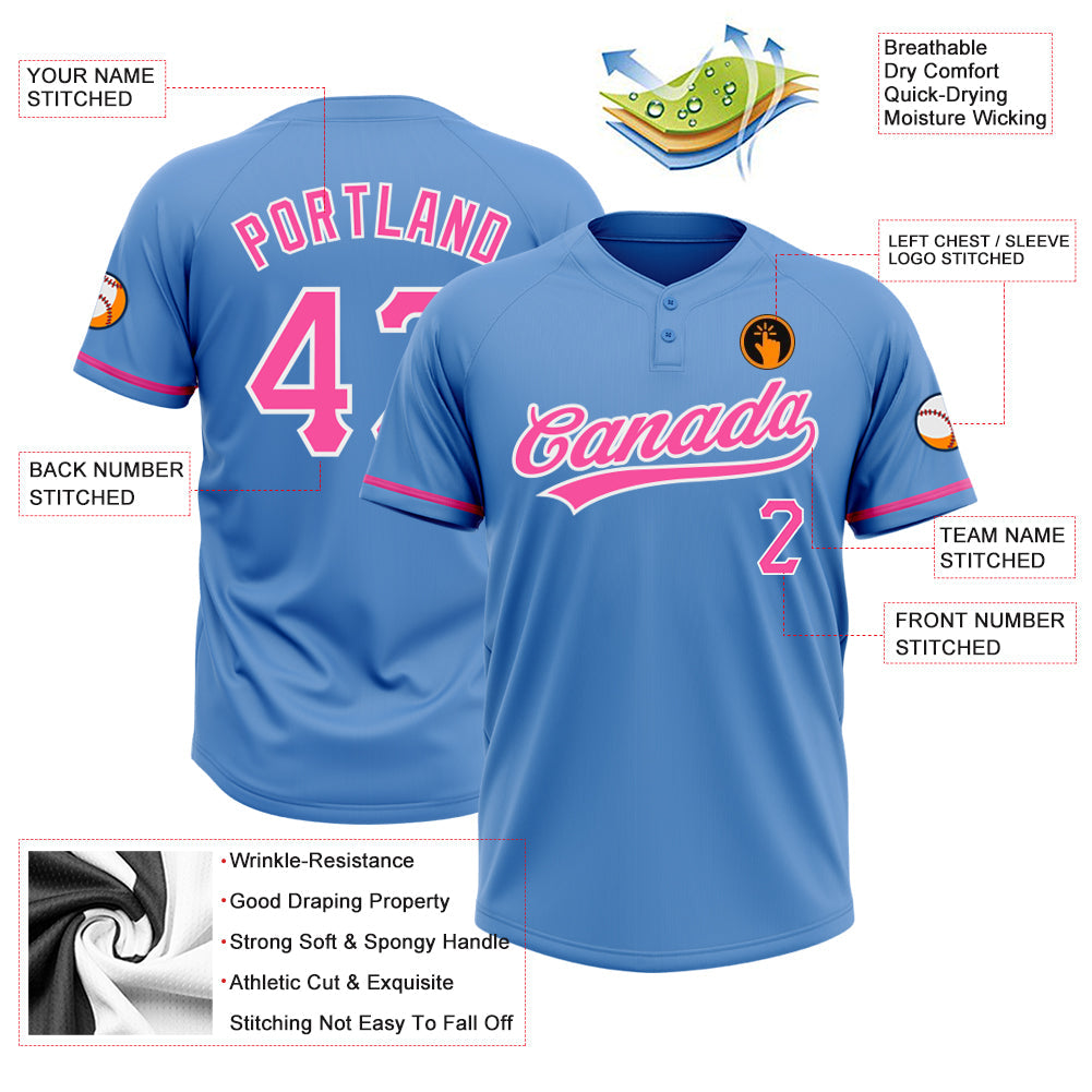 Custom Powder Blue Pink-White Two-Button Unisex Softball Jersey Limited