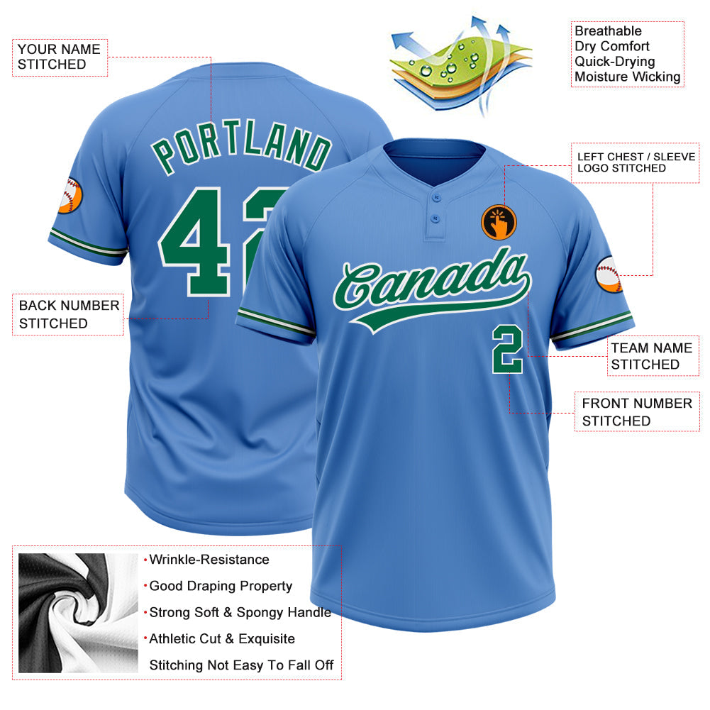 Custom Powder Blue Kelly Green-White Two-Button Unisex Softball Jersey Limited