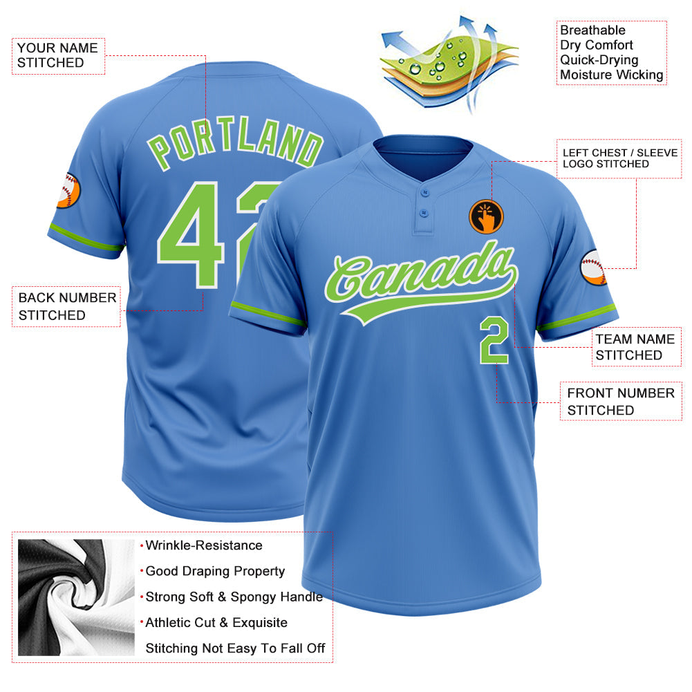 Custom Powder Blue Neon Green-White Two-Button Unisex Softball Jersey Limited