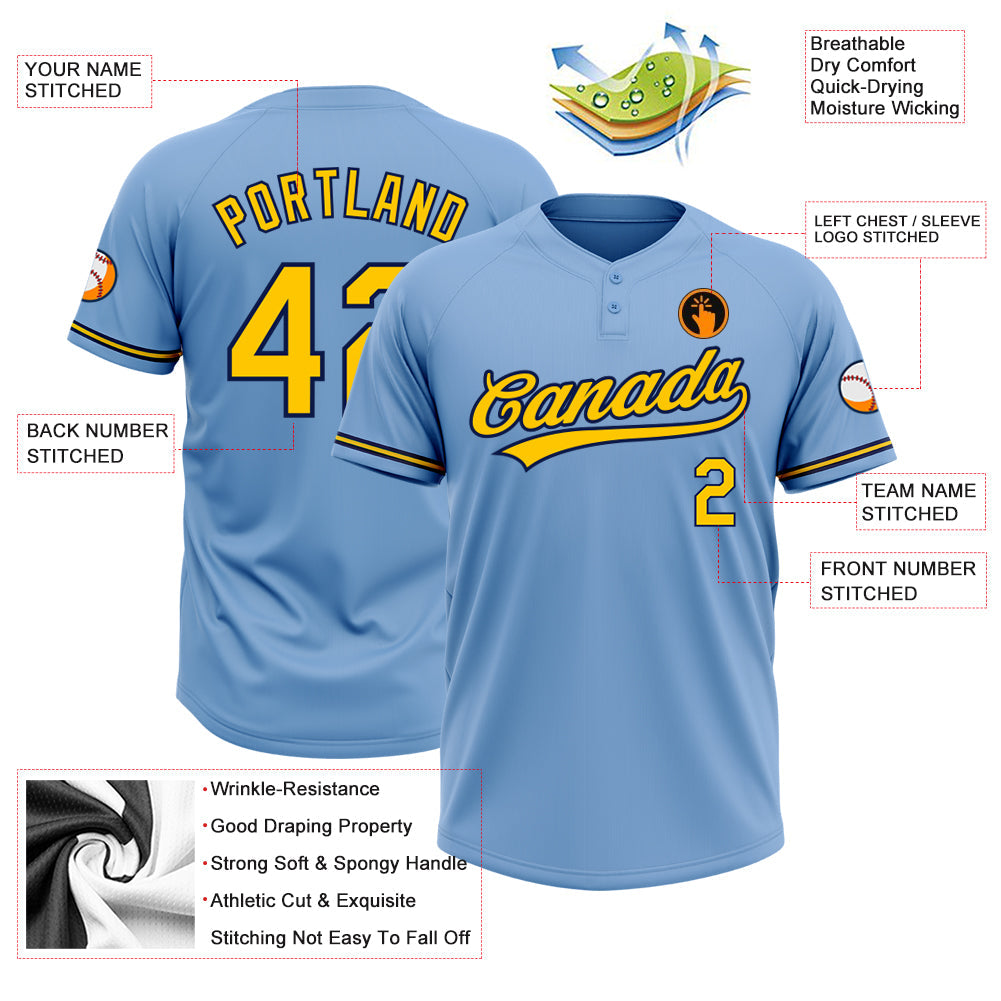 Custom Light Blue Yellow-Navy Two-Button Unisex Softball Jersey Limited