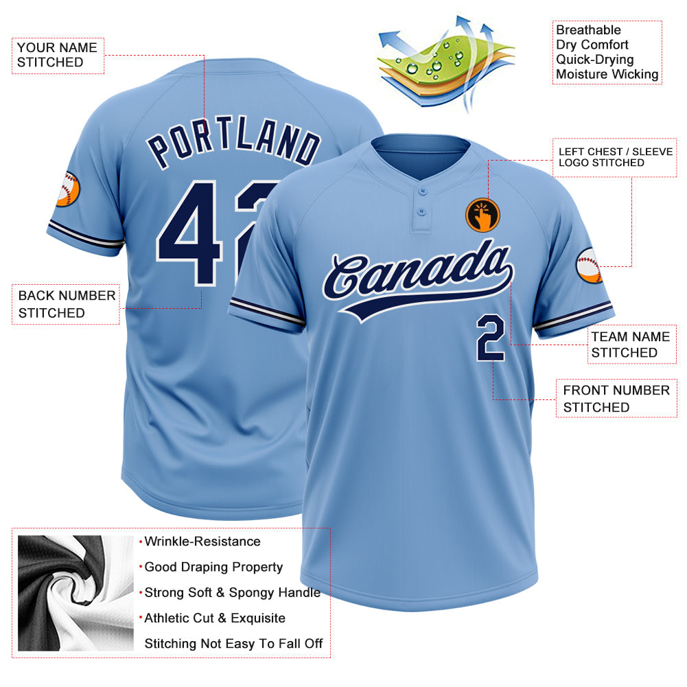 Custom Light Blue Navy-White Two-Button Unisex Softball Jersey Limited