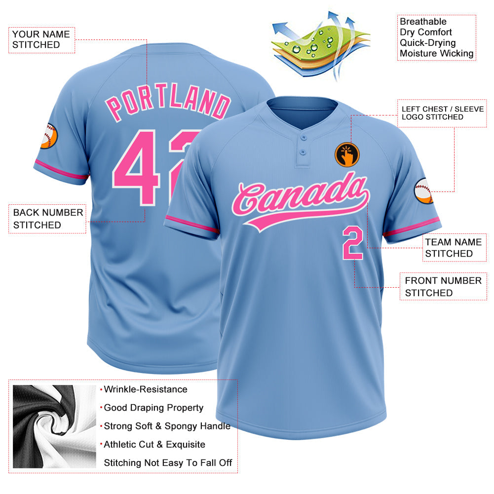 Custom Light Blue Pink-White Two-Button Unisex Softball Jersey Limited