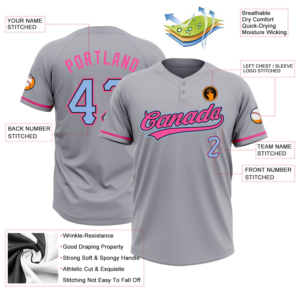 Custom Gray Light Blue Black-Pink Two-Button Unisex Softball Jersey Limited