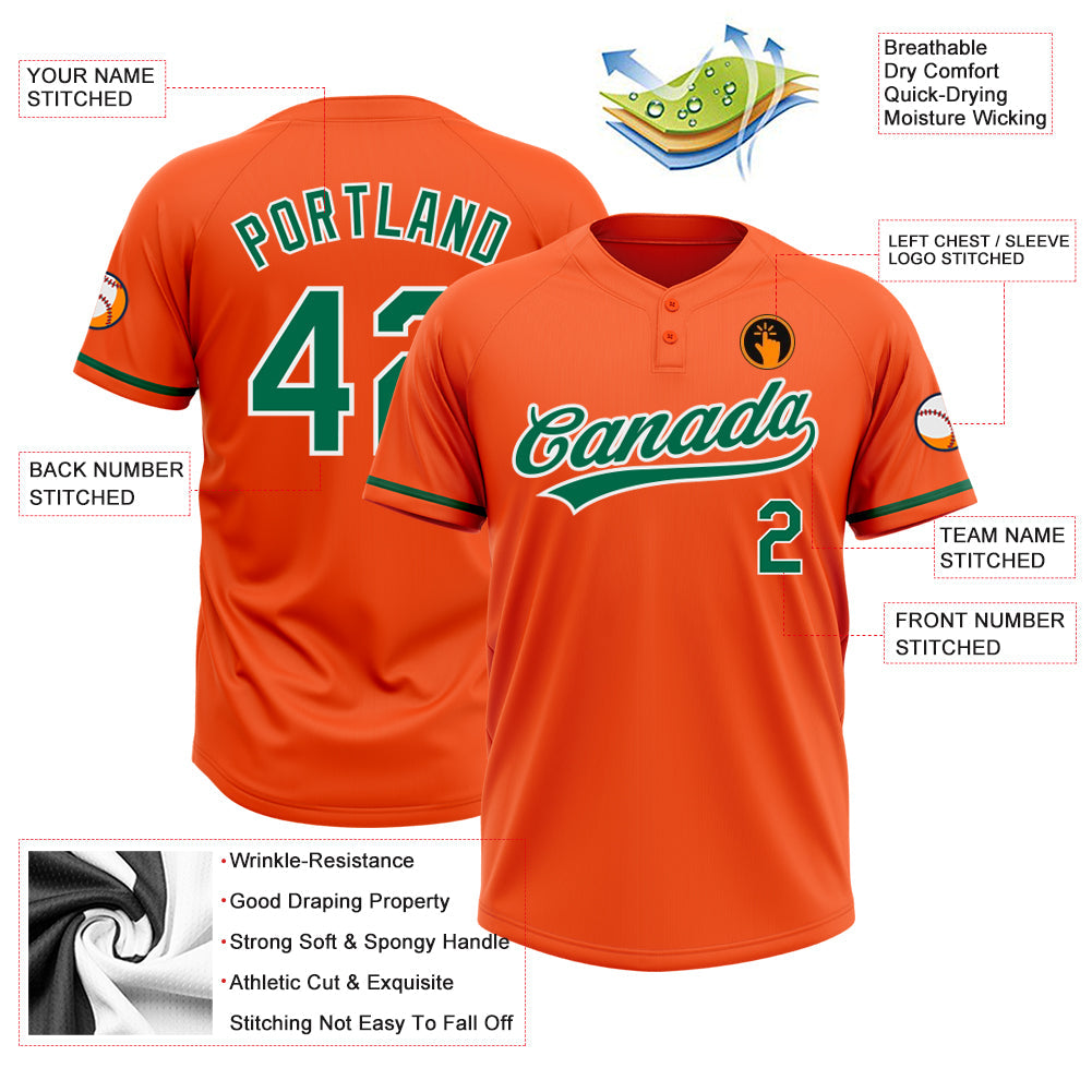 Custom Orange Kelly Green-White Two-Button Unisex Softball Jersey Limited