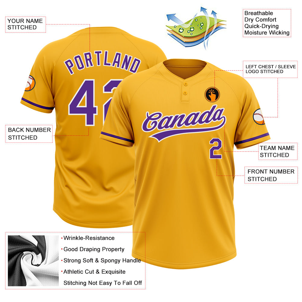 Custom Gold Purple-White Two-Button Unisex Softball Jersey Limited