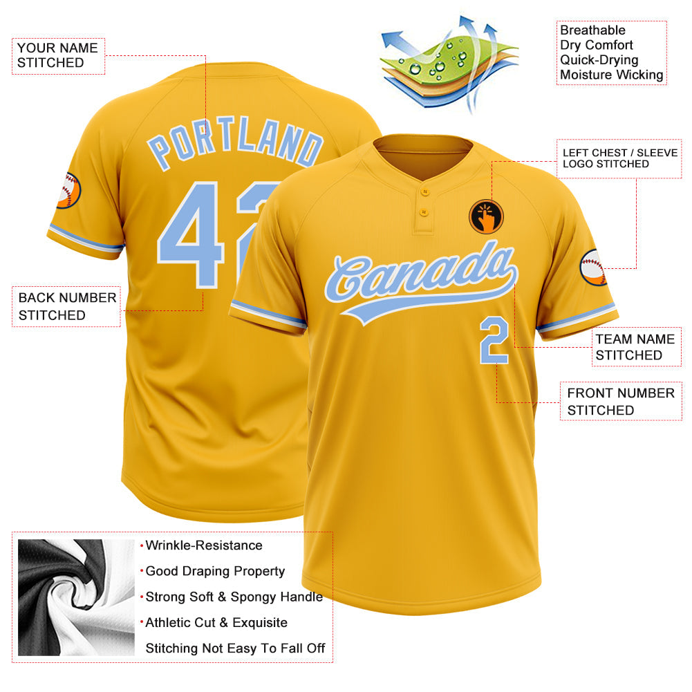 Custom Gold Light Blue-White Two-Button Unisex Softball Jersey Limited
