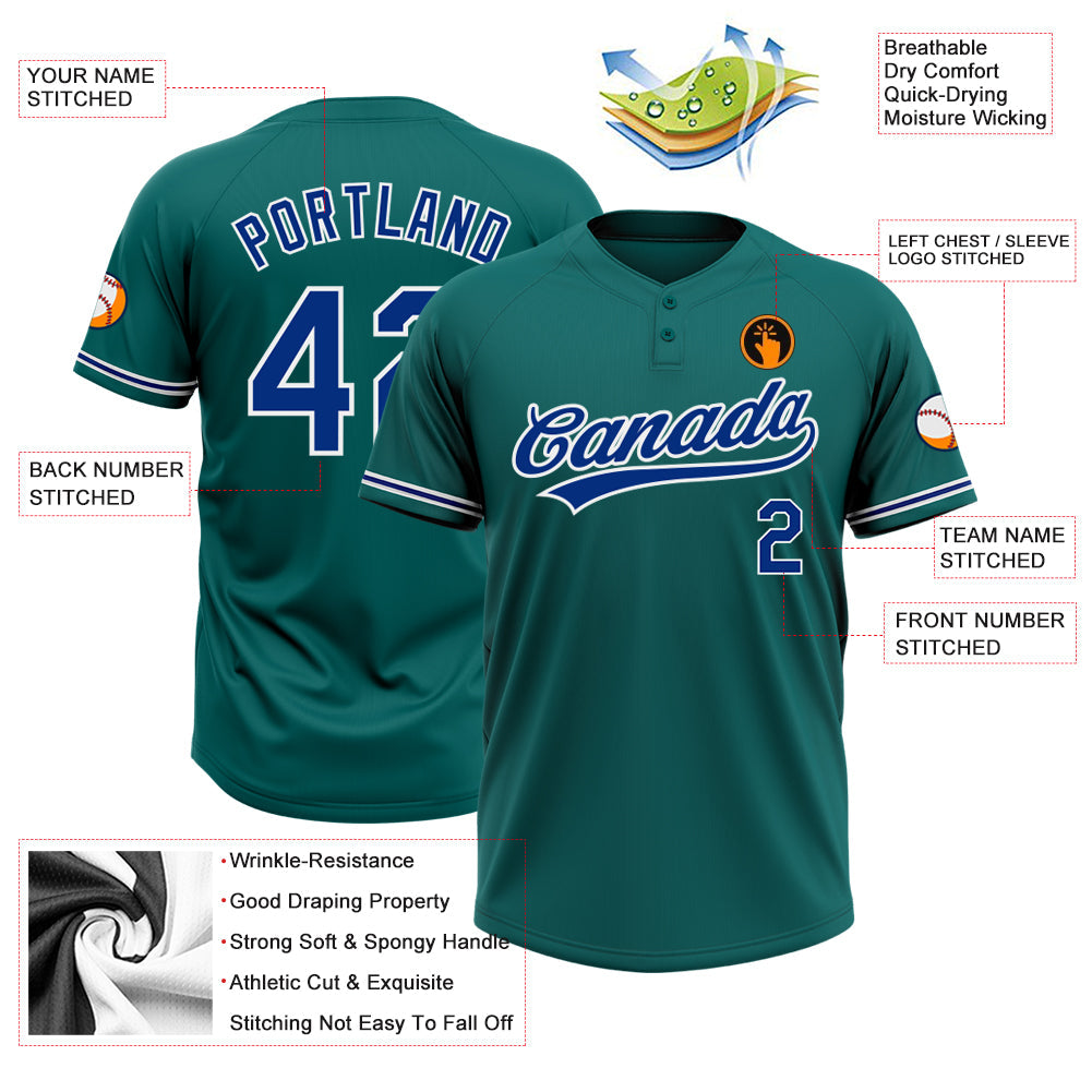 Custom Teal Royal-White Two-Button Unisex Softball Jersey Limited