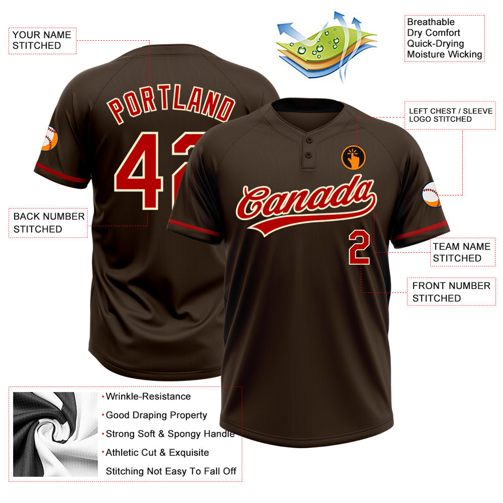 Custom Brown Red-Cream Two-Button Unisex Softball Jersey Limited