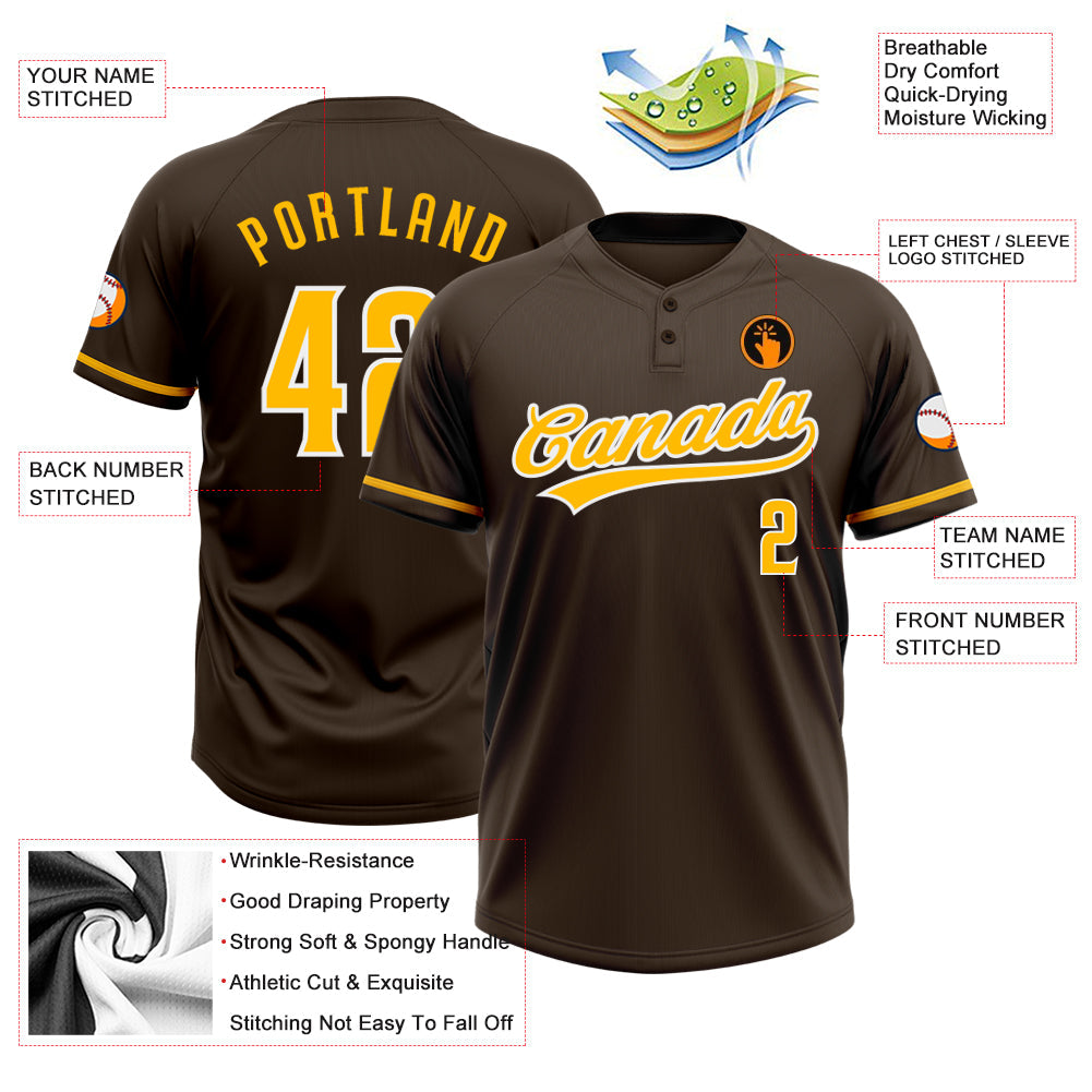 Custom Brown Gold-White Two-Button Unisex Softball Jersey Limited