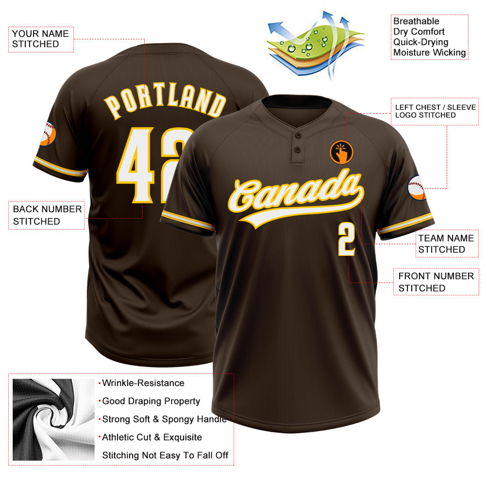 Custom Brown White-Yellow Two-Button Unisex Softball Jersey Limited
