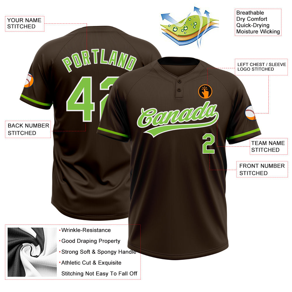 Custom Brown Neon Green-White Two-Button Unisex Softball Jersey Limited