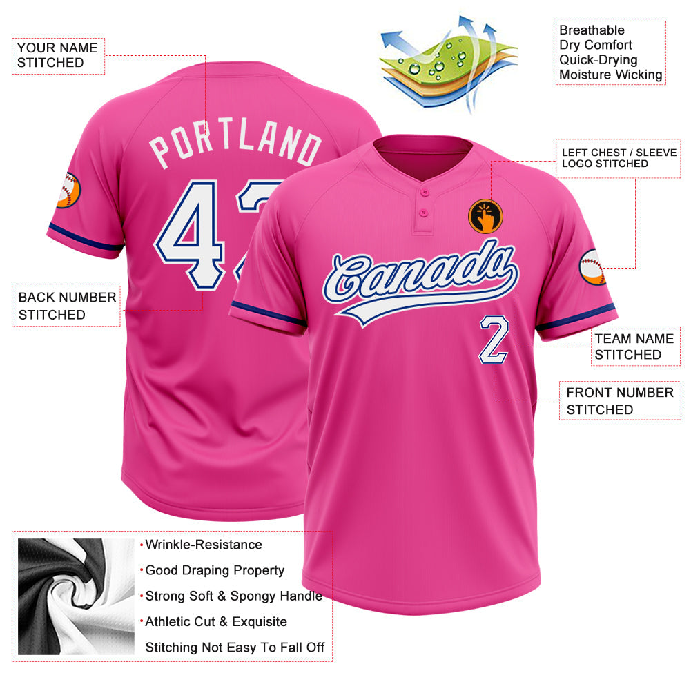 Custom Pink White-Royal Two-Button Unisex Softball Jersey Limited