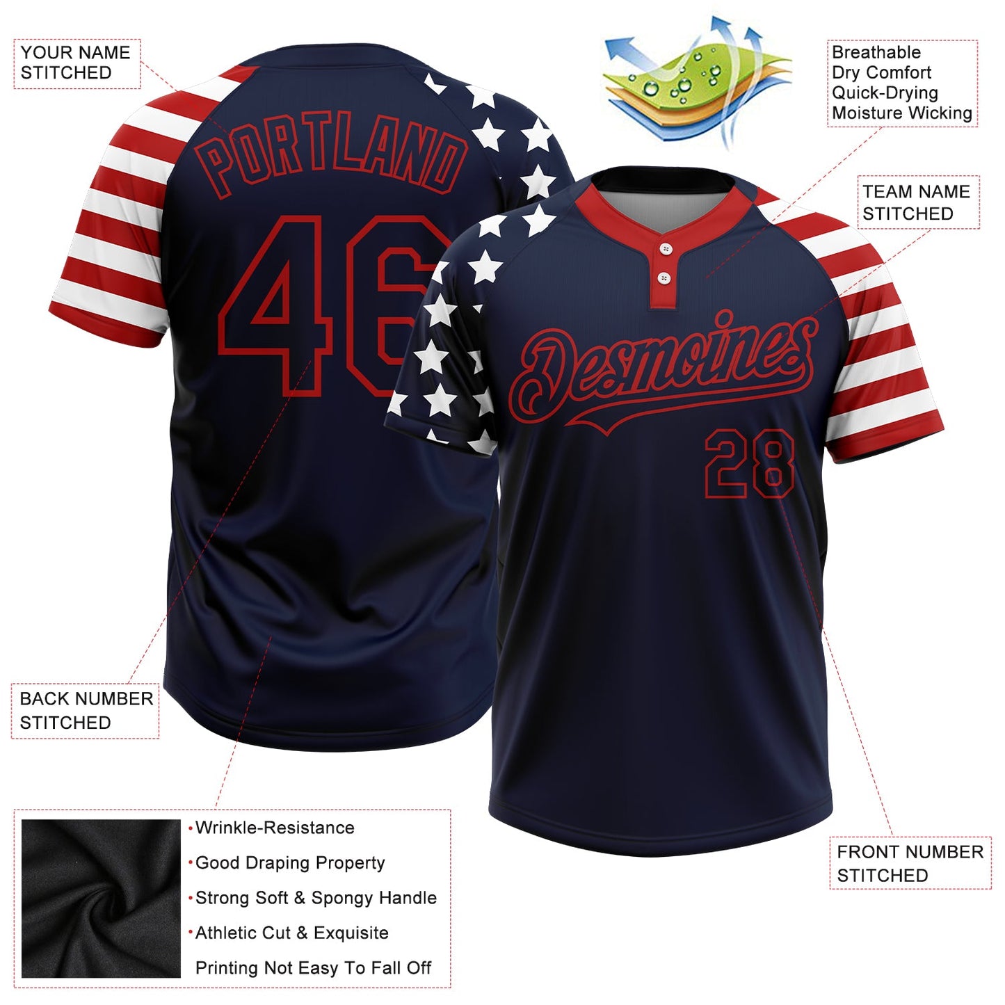Custom Navy Red-White 3D American Flag Fashion Two-Button Unisex Softball Jersey Limited