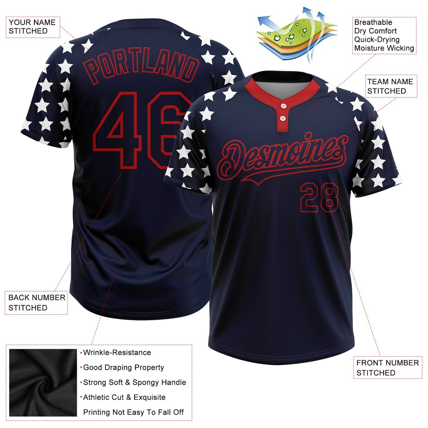 Custom Navy Red-White 3D American Flag Fashion Two-Button Unisex Softball Jersey Limited