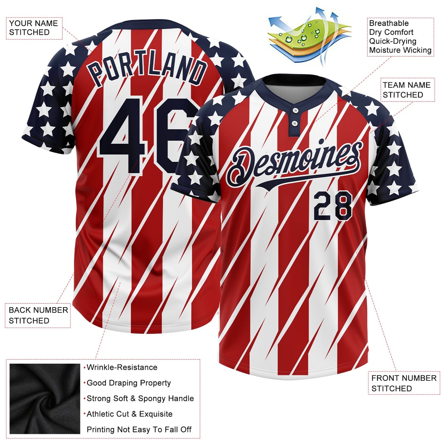 Custom Red Navy-White 3D American Flag Fashion Two-Button Unisex Softball Jersey Limited
