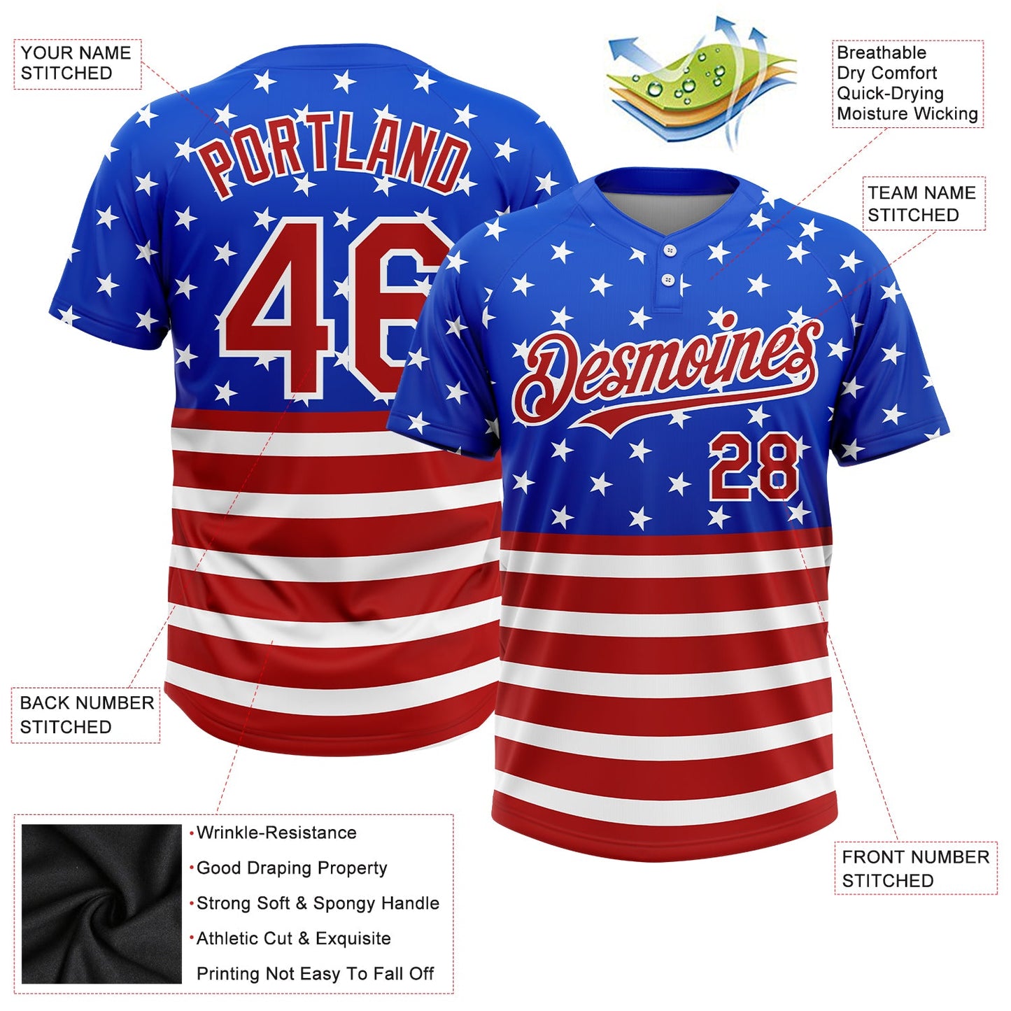 Custom Royal Red-White 3D American Flag Fashion Two-Button Unisex Softball Jersey Limited