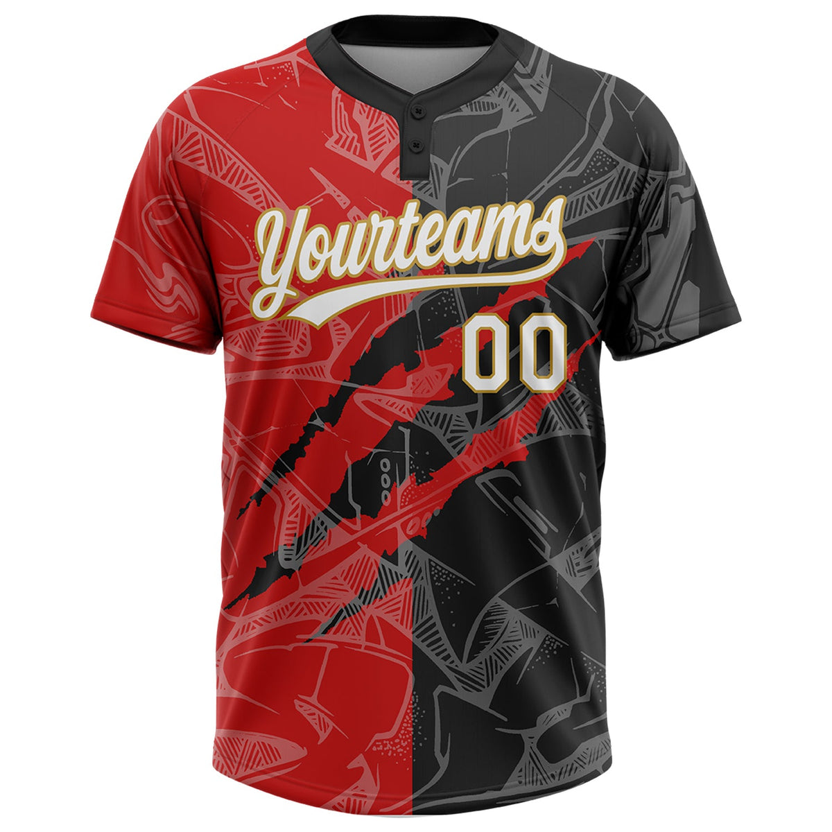 Custom Graffiti Pattern Black Red-Old Gold 3D Two-Button Unisex Softball Jersey Limited