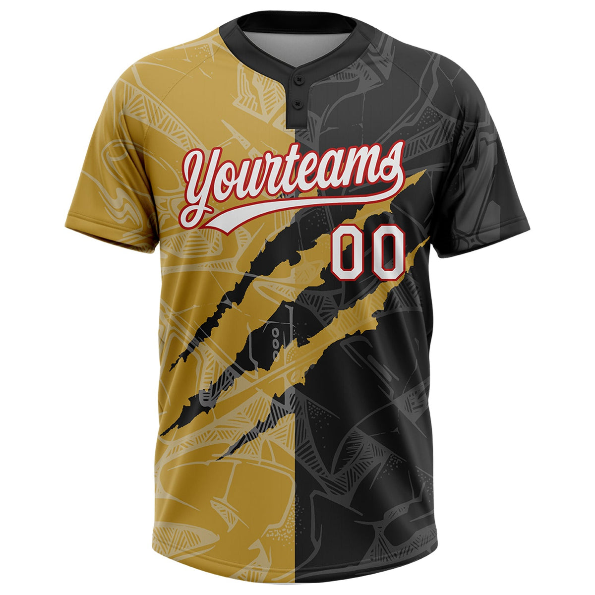 Custom Graffiti Pattern Black Old Gold-Red 3D Two-Button Unisex Softball Jersey Limited