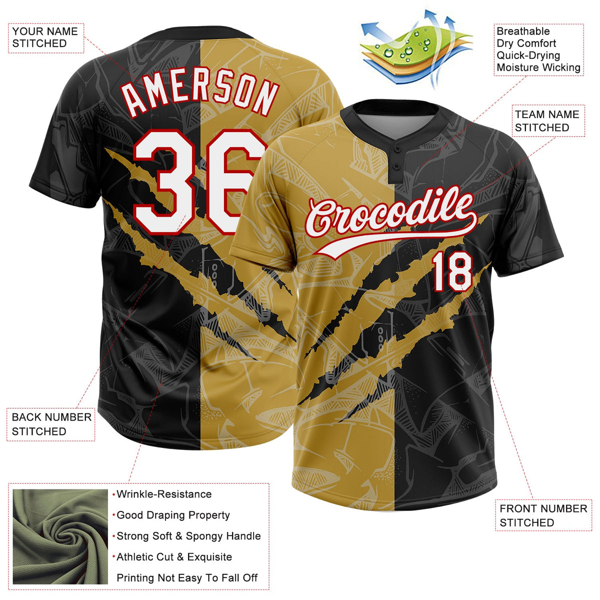 Custom Graffiti Pattern Black Old Gold-Red 3D Two-Button Unisex Softball Jersey Limited