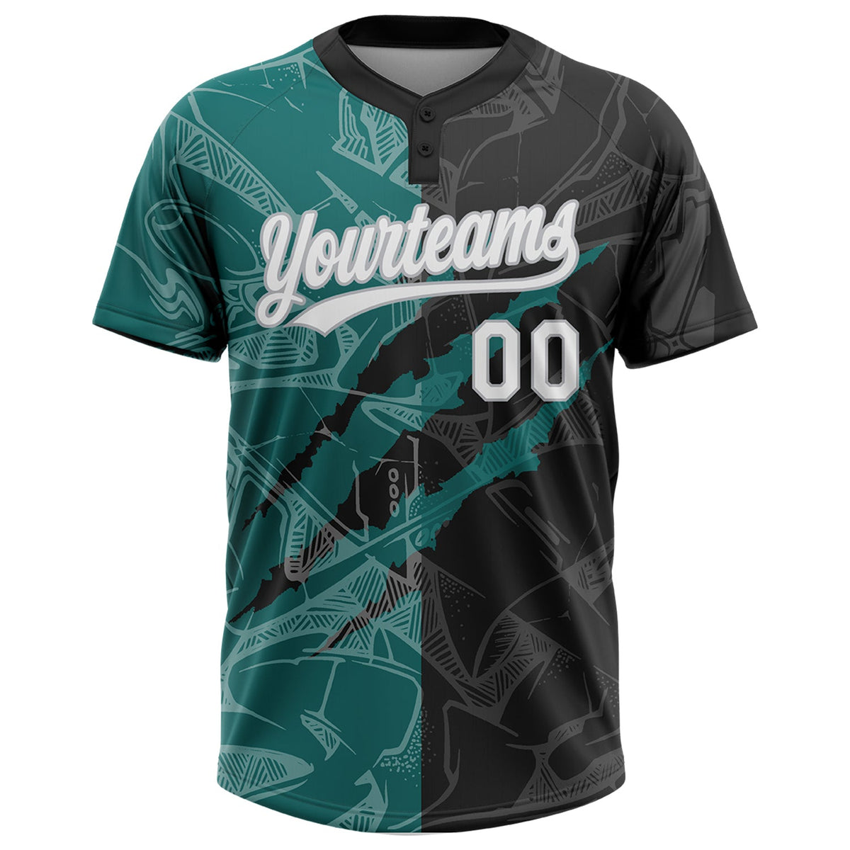 Custom Graffiti Pattern Black Teal-Gray 3D Two-Button Unisex Softball Jersey Limited