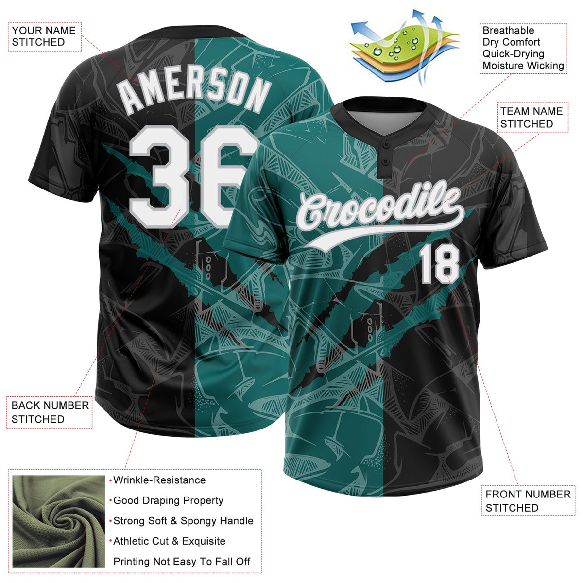 Custom Graffiti Pattern Black Teal-Gray 3D Two-Button Unisex Softball Jersey Limited