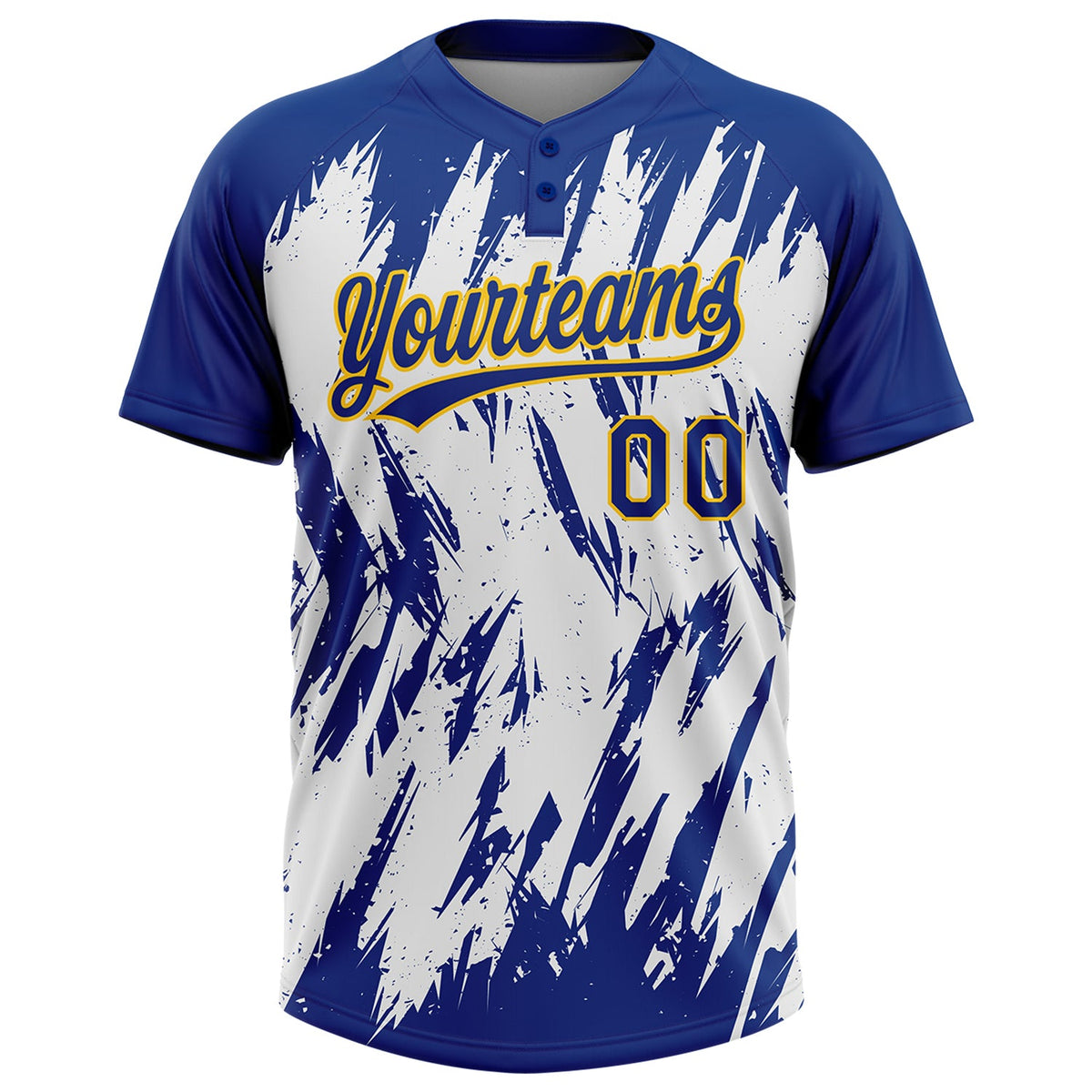 Custom Royal Yellow-White 3D Pattern Abstract Sharp Shape Two-Button Unisex Softball Jersey Limited