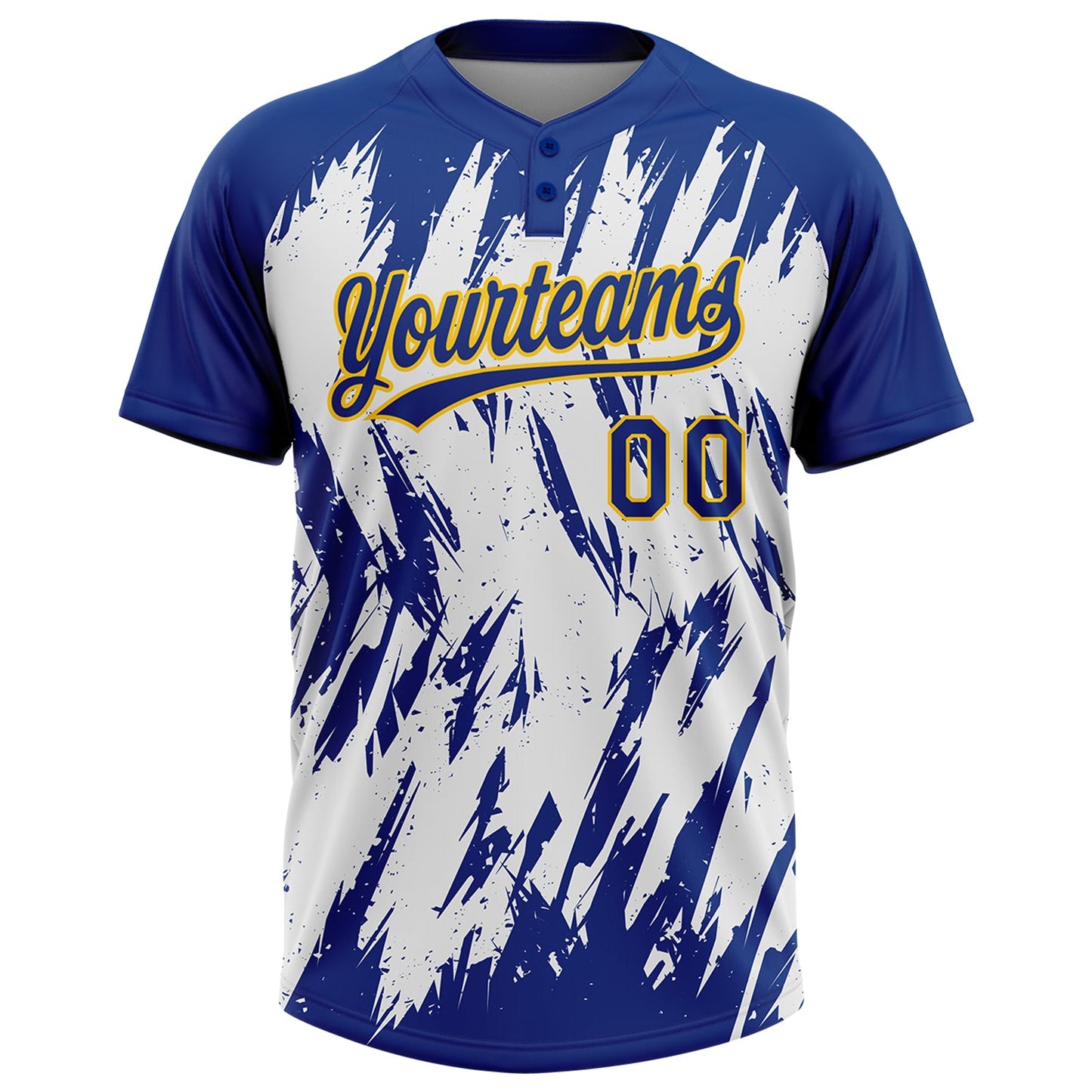 Custom Royal Yellow-White 3D Pattern Abstract Sharp Shape Two-Button Unisex Softball Jersey Limited