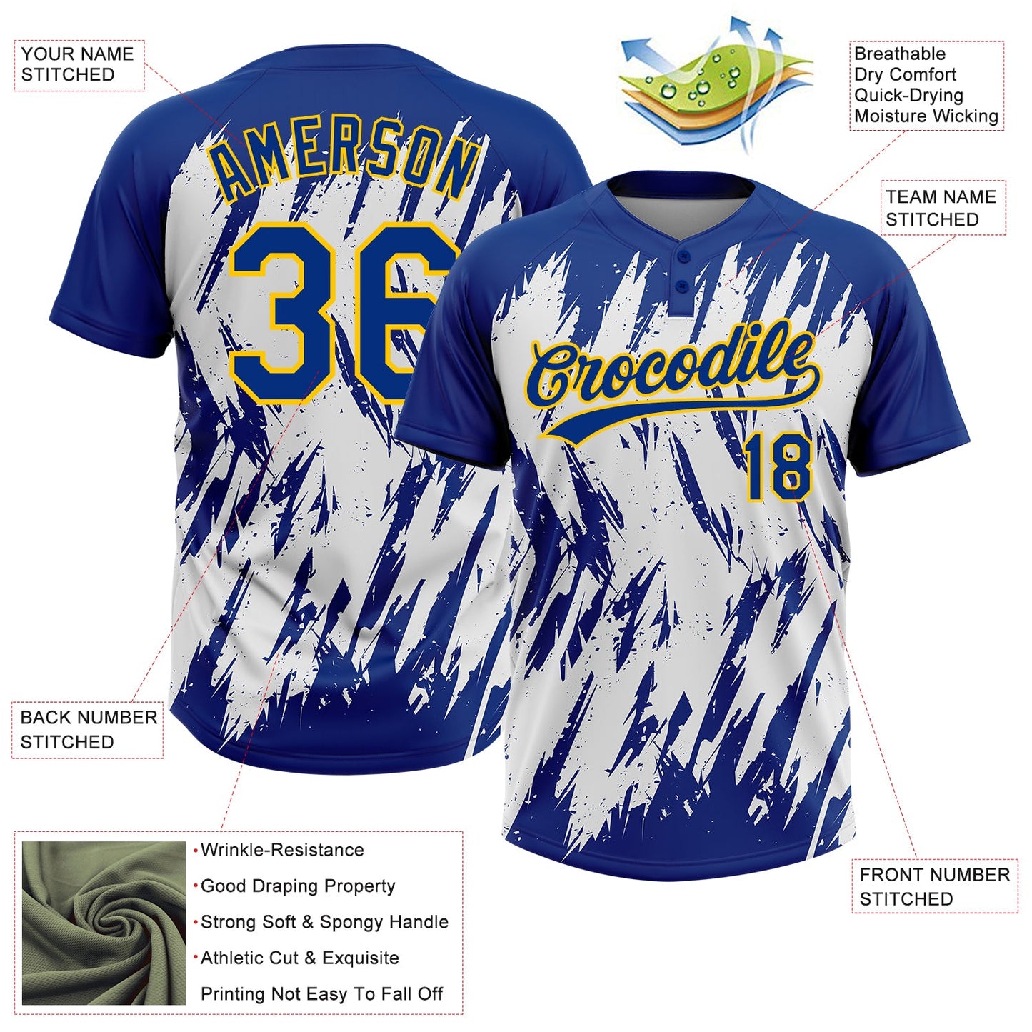 Custom Royal Yellow-White 3D Pattern Abstract Sharp Shape Two-Button Unisex Softball Jersey Limited