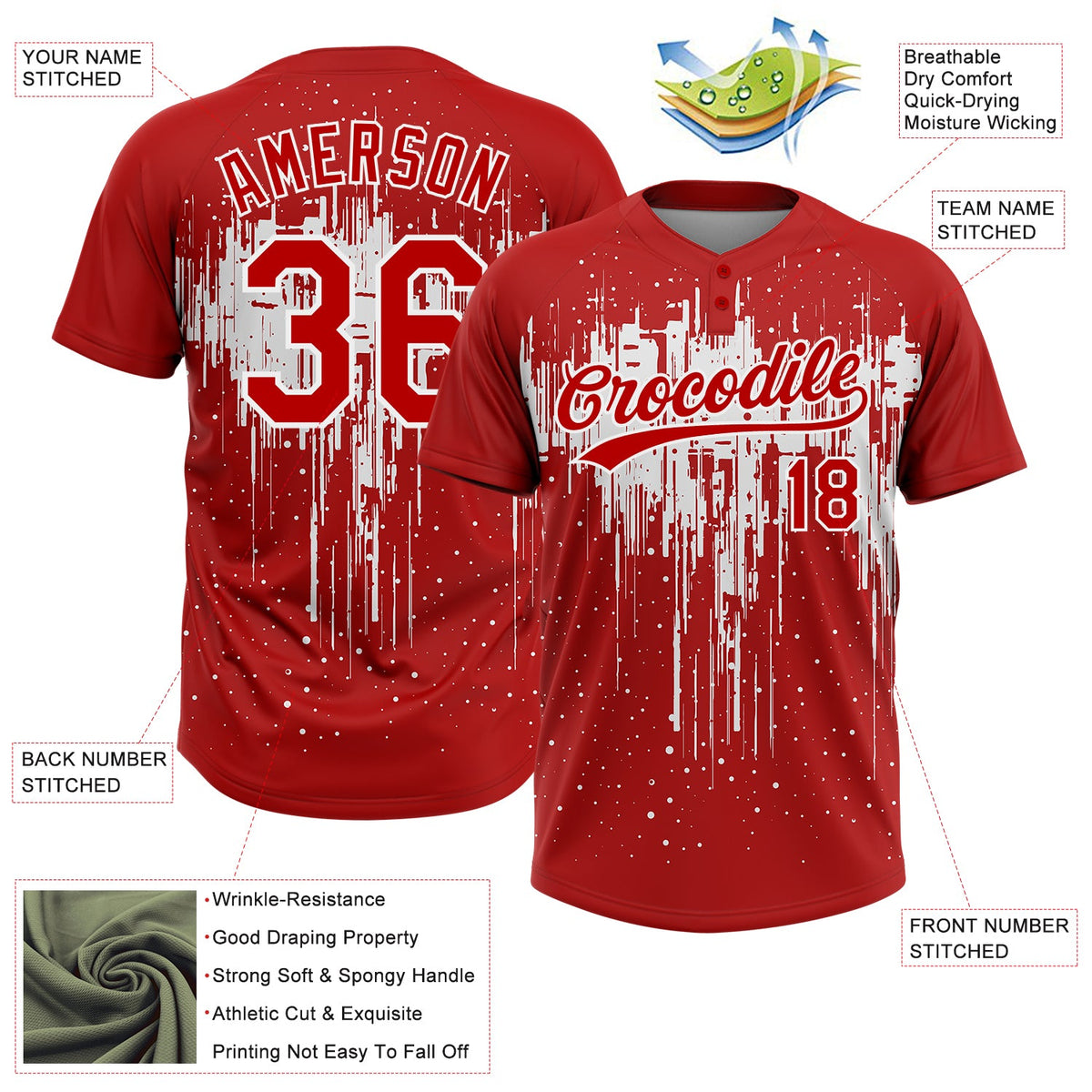 Custom Red White 3D Pattern Dripping Splatter Art Two-Button Unisex Softball Jersey Limited