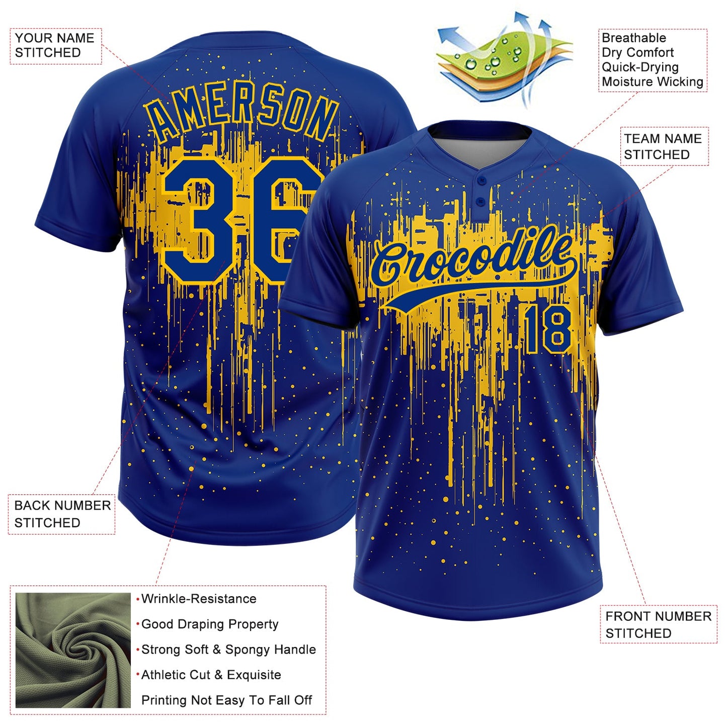 Custom Royal Yellow 3D Pattern Dripping Splatter Art Two-Button Unisex Softball Jersey Limited