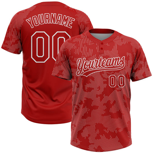 Custom Red White 3D Pattern Curve Lines Two-Button Unisex Softball Jersey